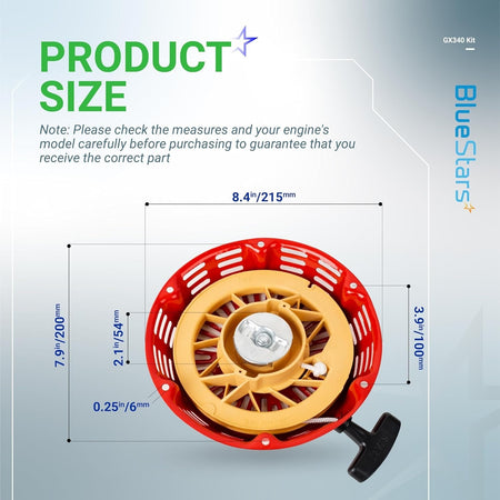 Dimensional diagram of GX340 GX390 recoil starter showing measurements for Honda engine compatibility.