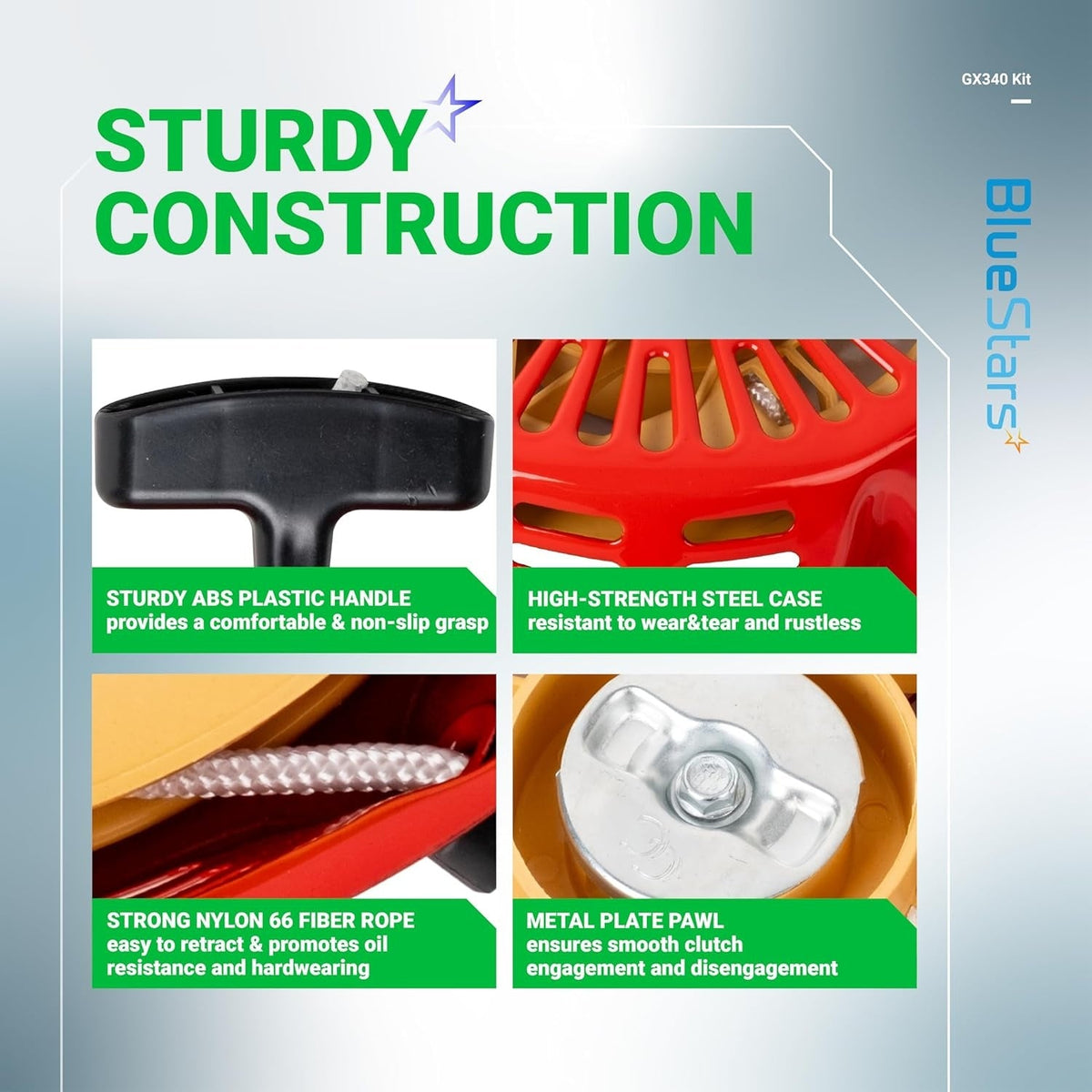 Infographic showing construction details of GX340 GX390 recoil starter handle, steel case, nylon rope, and metal pawl.