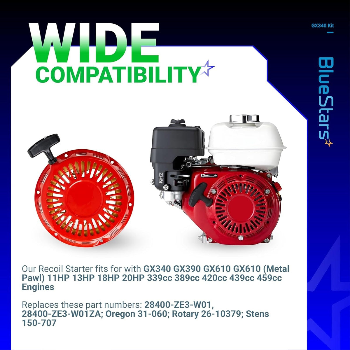 GX340 GX390 recoil starter assembly shown next to a compatible Honda engine for wide compatibility reference.