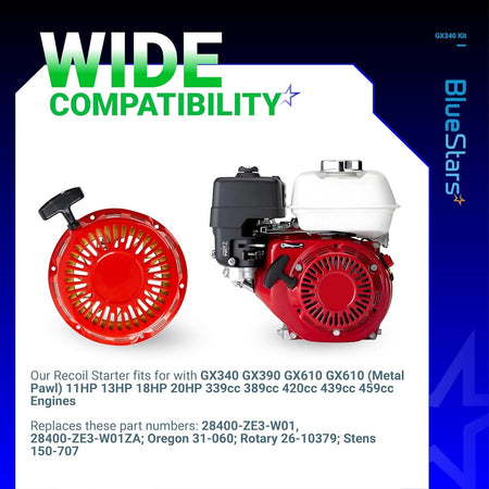GX340 GX390 recoil starter assembly shown next to a compatible Honda engine for wide compatibility reference.
