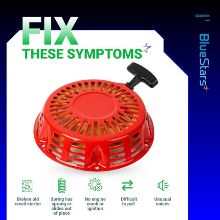 Red recoil starter pull start for Honda GX340 GX390 engines with symptom troubleshooting guide.