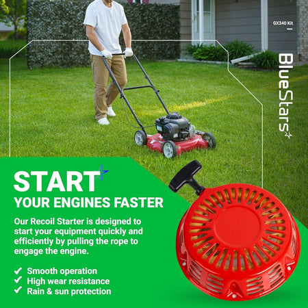 Red recoil starter pull start assembly for Honda GX340 and GX390 engines shown in a promotional lifestyle graphic.