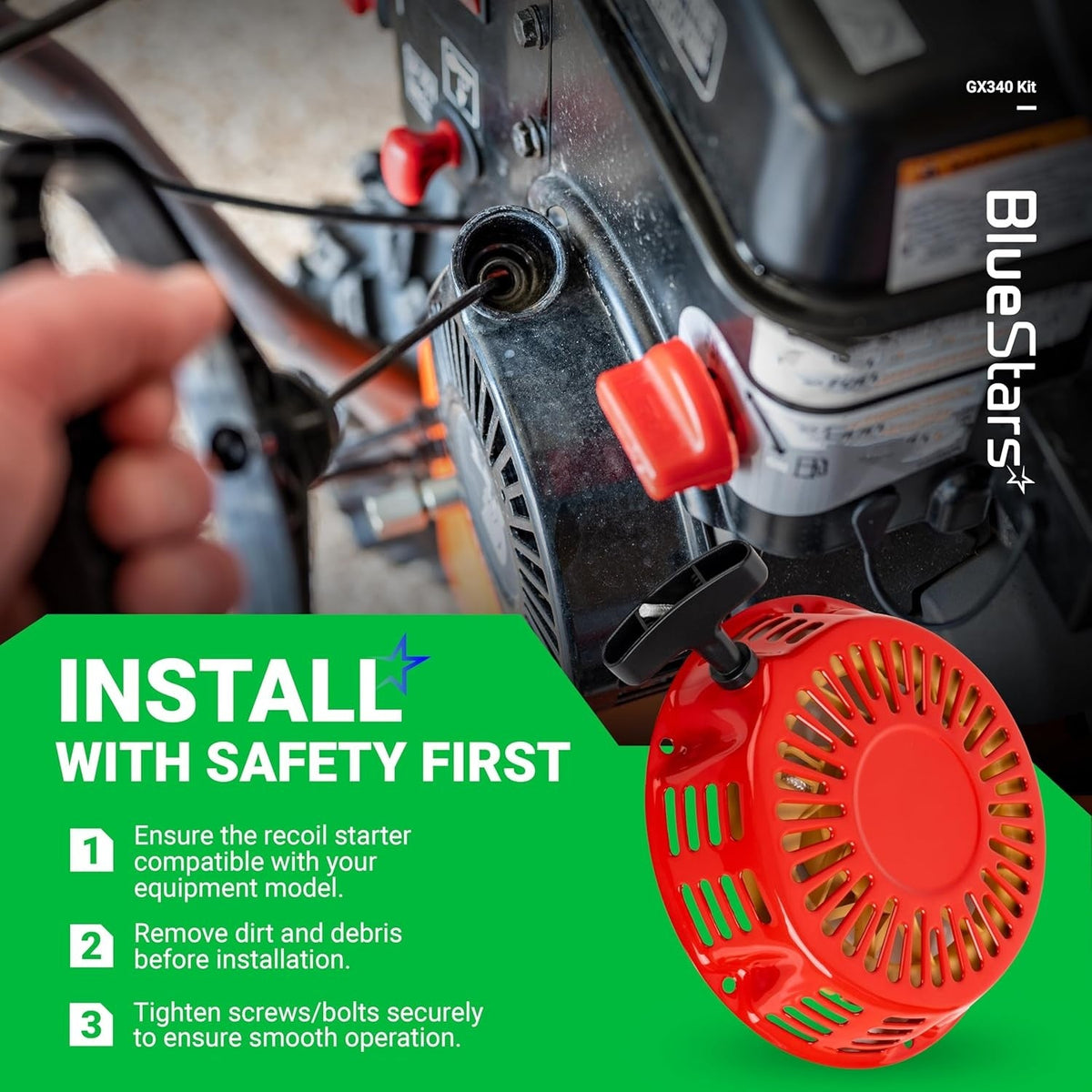 Red recoil pull starter for Honda GX340 GX390 engines with installation safety instructions graphic.