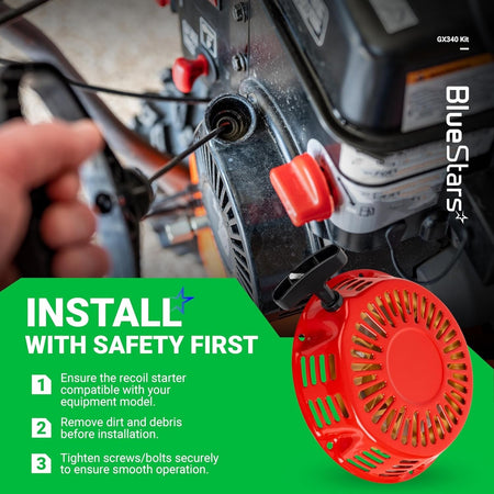 Red recoil pull starter for Honda GX340 GX390 engines with installation safety instructions graphic.