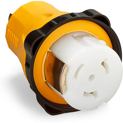 Close-up of an SS2-50R female power connector adapter with a yellow and black housing.