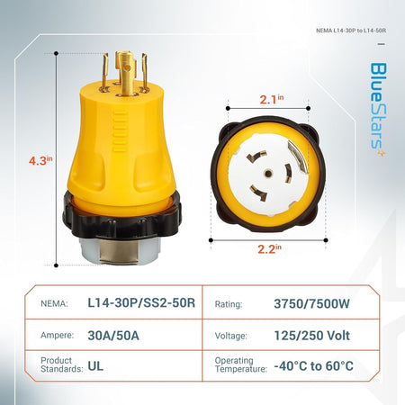 Technical diagram of L14-30P to SS2-50R power adapter showing dimensions and electrical specifications.