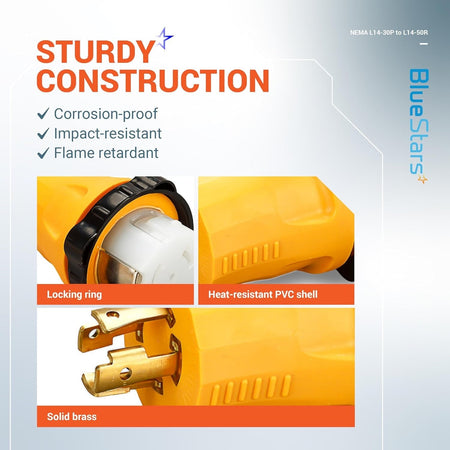 Infographic showing construction features of L14-30P to SS2-50R adapter including locking ring, PVC shell, and brass pins.