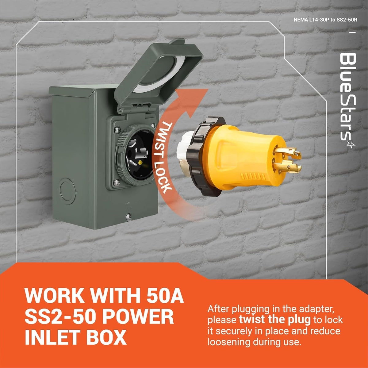 L14-30P to SS2-50R adapter showing twist-lock connection into a 50A power inlet box.