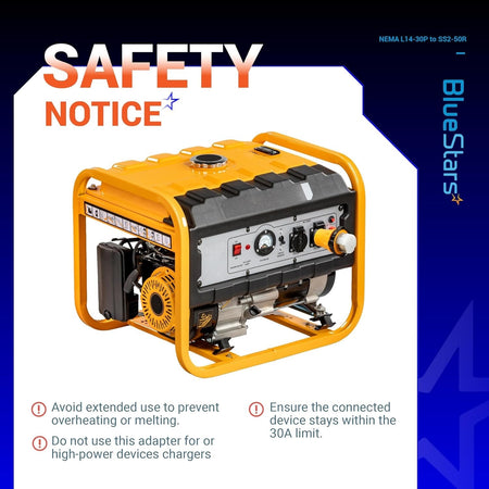 Safety notice graphic for L14-30P to SS2-50R adapter showing proper generator usage and connection limits.