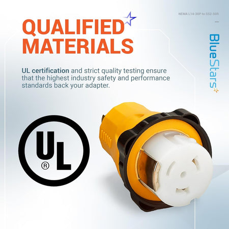 UL certified L14-30P to SS2-50R power adapter plug with safety information graphic.