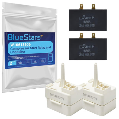Two W10613606 refrigerator compressor start relays and capacitors with packaging.
