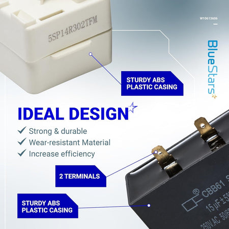 Infographic showing W10613606 refrigerator compressor start relay and capacitor features with ABS casing and terminals.