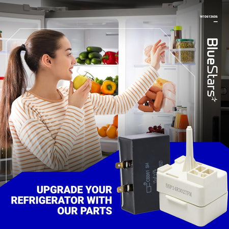 W10613606 refrigerator compressor start relay and capacitor set for Whirlpool, KitchenAid, and Kenmore refrigerators.