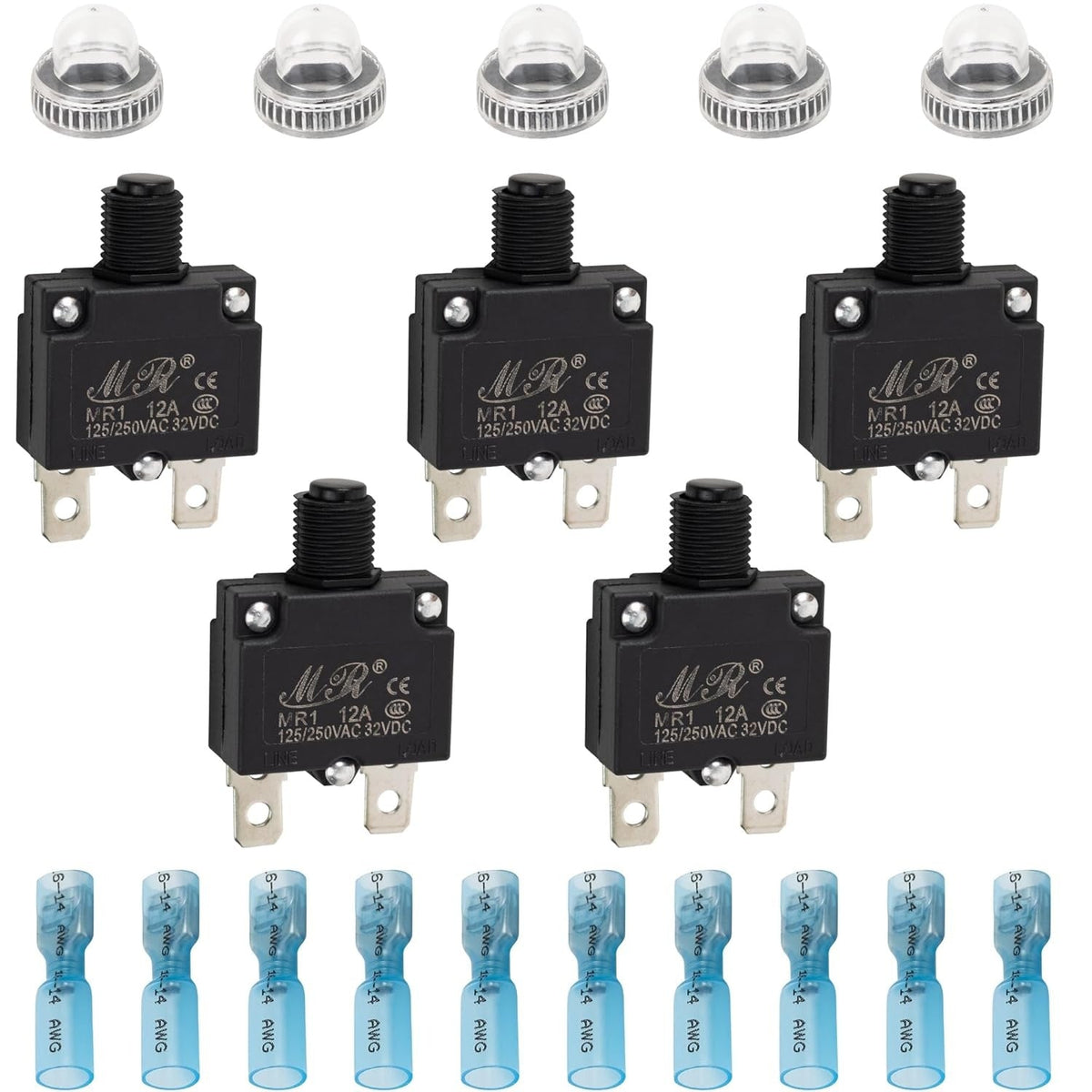 Pack of five 12A thermal circuit breakers with waterproof caps and blue wire connectors.