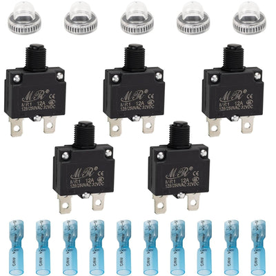 Pack of five 12A thermal circuit breakers with waterproof caps and blue wire connectors.