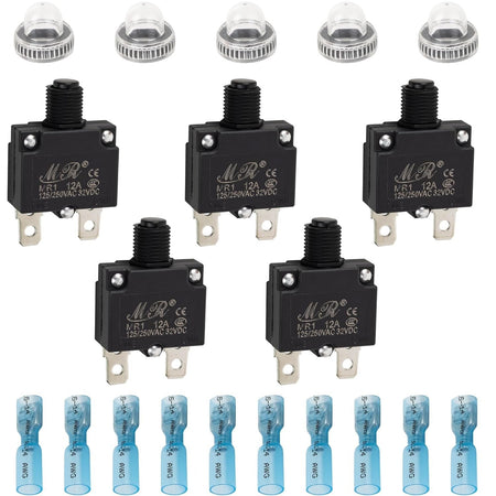 Pack of five 12A thermal circuit breakers with waterproof caps and blue wire connectors.