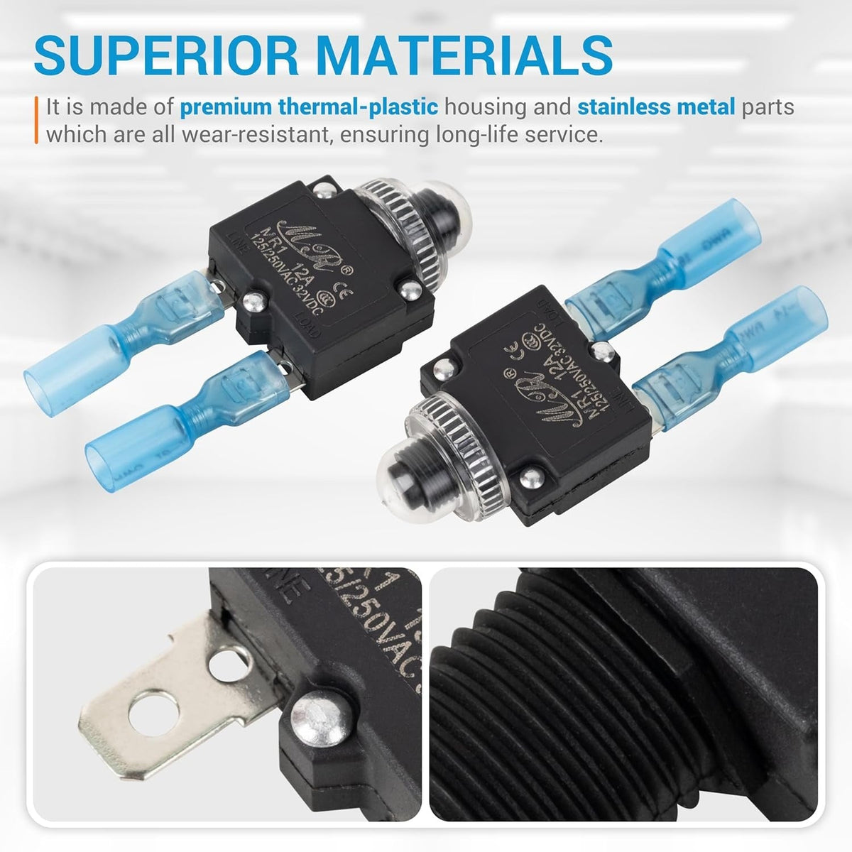 Two 12A thermal circuit breakers with blue wire connectors and close-up views of the metal terminal and threaded housing.