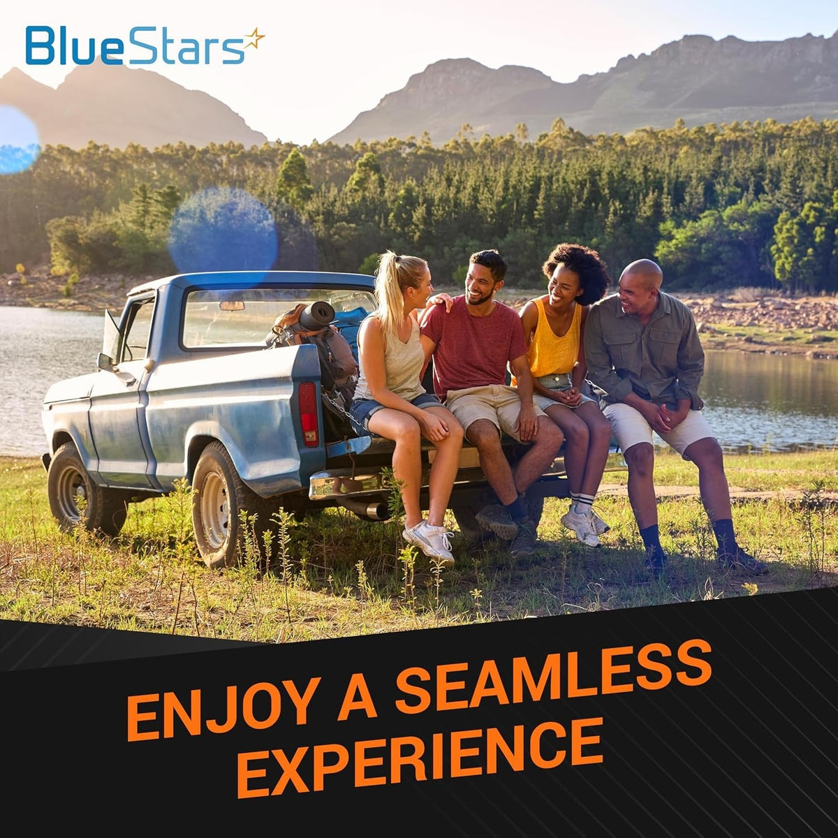 BlueStars lifestyle graphic featuring a group of friends sitting on a truck tailgate by a lake.