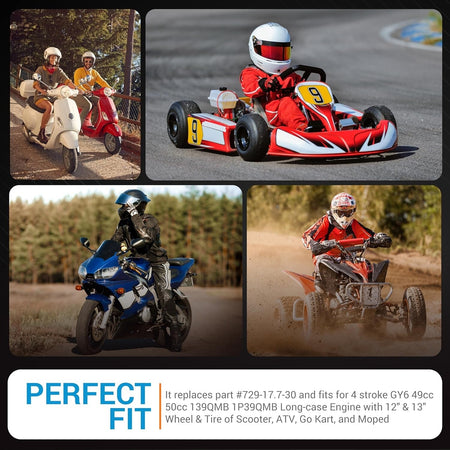 Collage showing scooters, go-kart, motorcycle, and ATV compatible with 729-17.7-30 racing CVT drive belt.