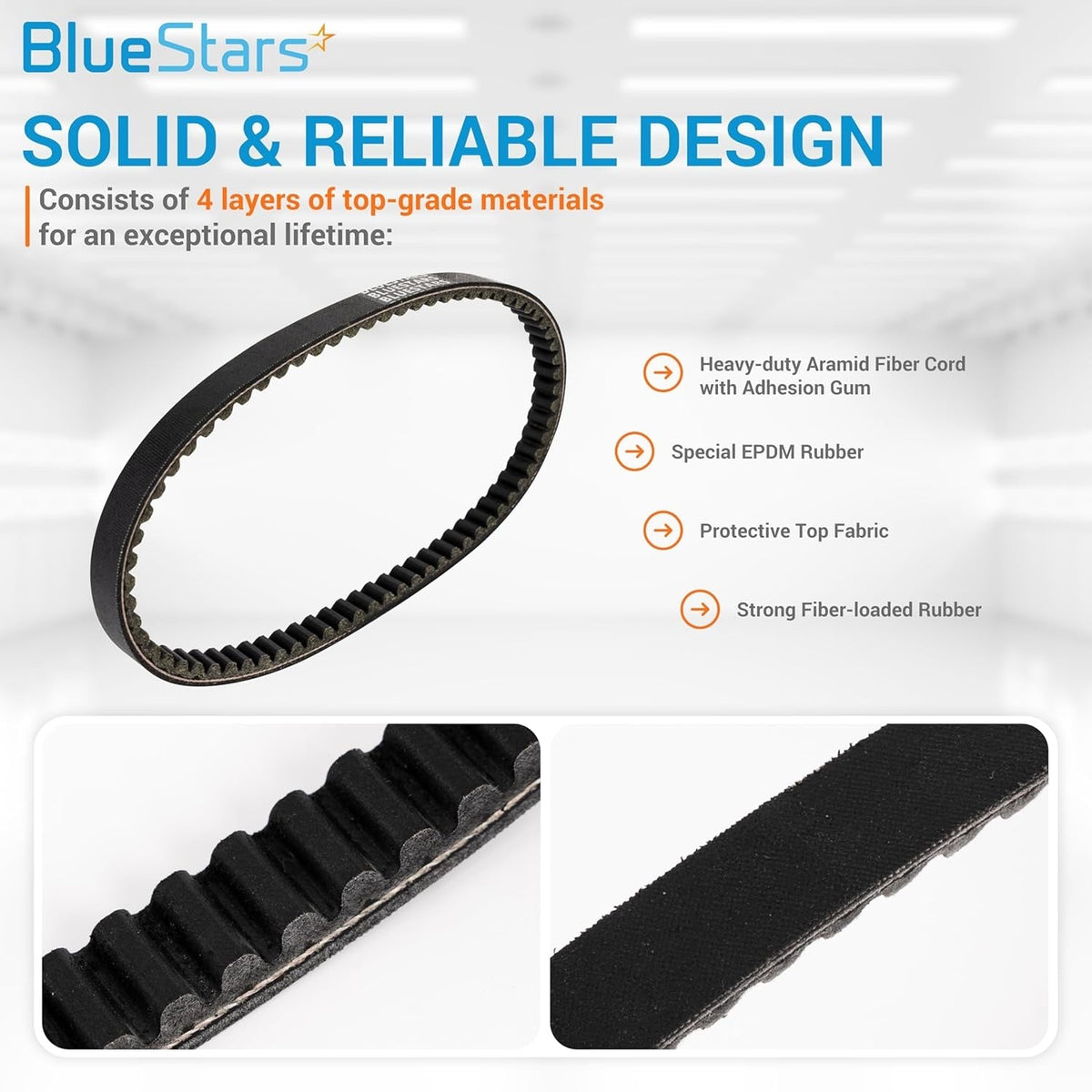Infographic showing 729-17.7-30 racing CVT drive belt construction with four layers of high-quality materials.