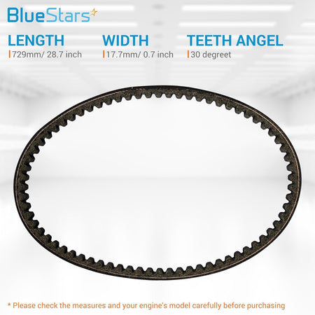 Racing CVT drive belt with 729mm length, 17.7mm width, and 30-degree teeth angle specifications.