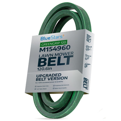 M154960 secondary deck belt for John Deere lawn mowers in branded retail packaging.