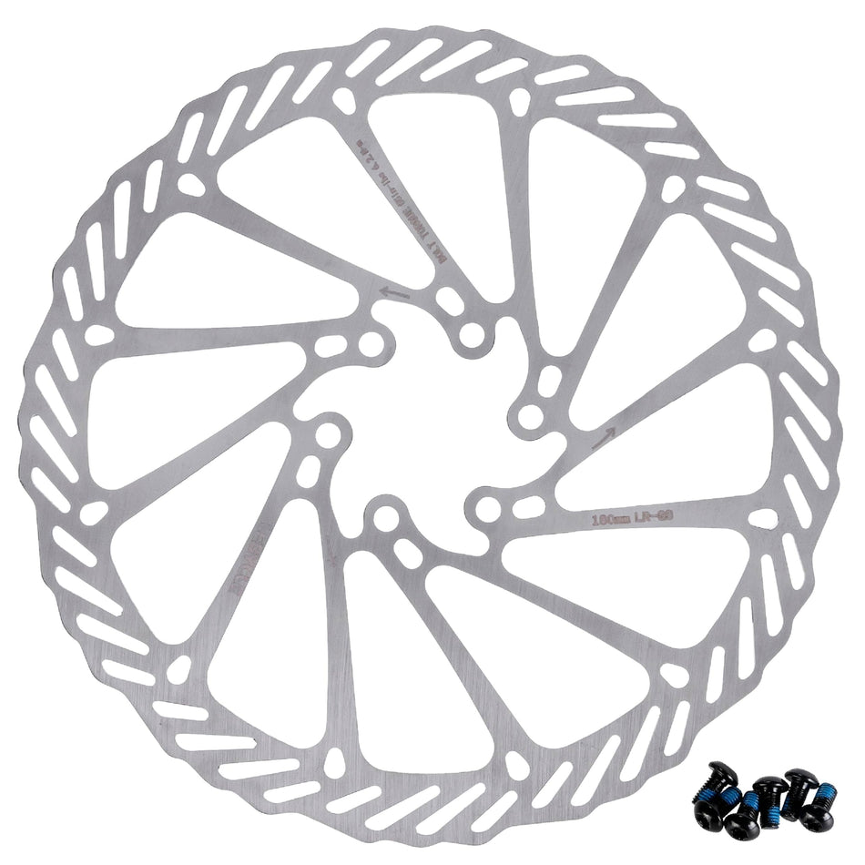 180mm stainless steel bike disc brake rotor with six mounting bolts for MTB and road bikes.