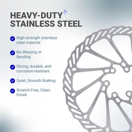 Close-up of heavy-duty stainless steel 180mm bike disc brake rotor highlighting durability and material quality.