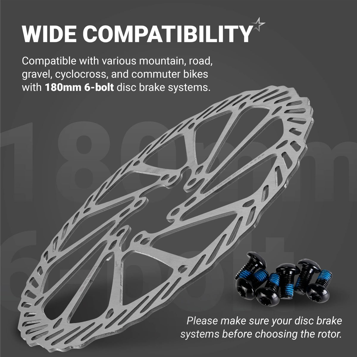 180mm stainless steel bike disc brake rotor with six mounting bolts for mountain and road bike systems.