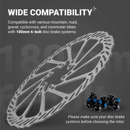 180mm stainless steel bike disc brake rotor with six mounting bolts for mountain and road bike systems.
