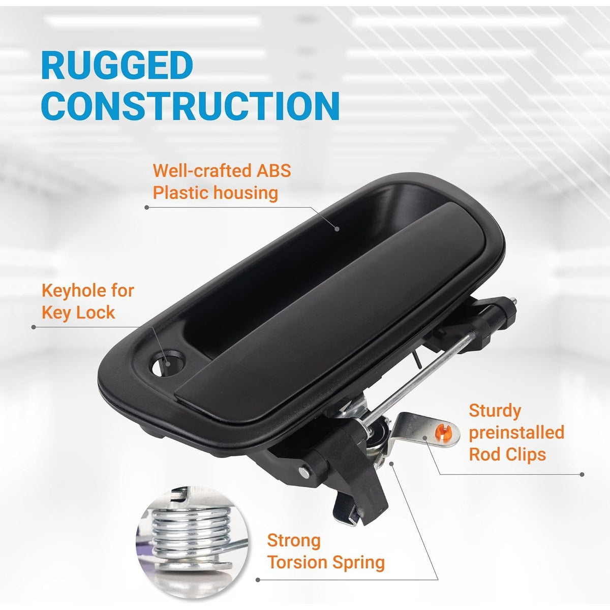 Black ABS plastic tailgate handle for Toyota with keyhole, preinstalled rod clips, and torsion spring.