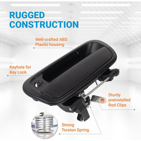Black ABS plastic tailgate handle for Toyota with keyhole, preinstalled rod clips, and torsion spring.