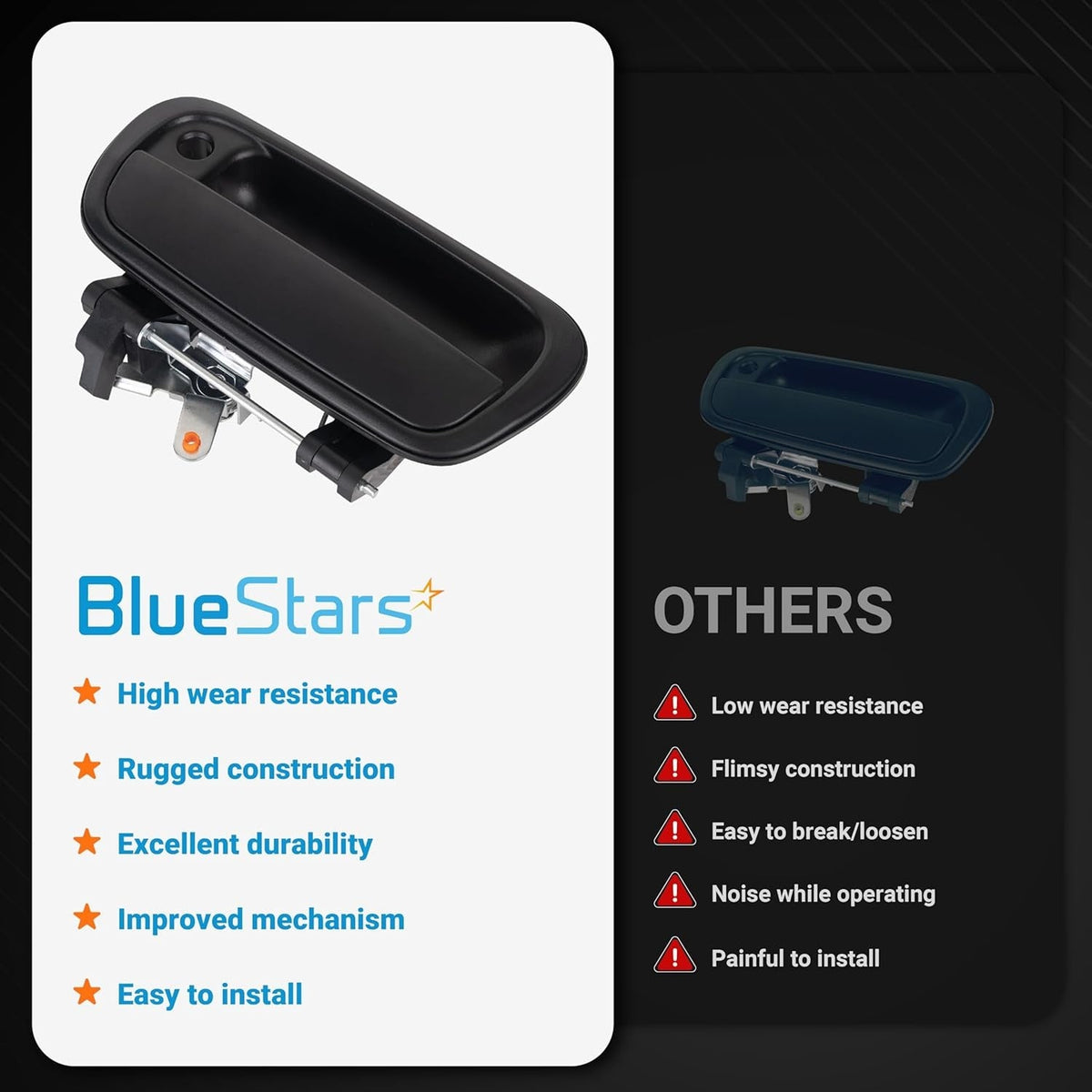 Comparison chart showing BlueStars 69090-0C010 tailgate handle for Toyota with improved construction and mechanism.
