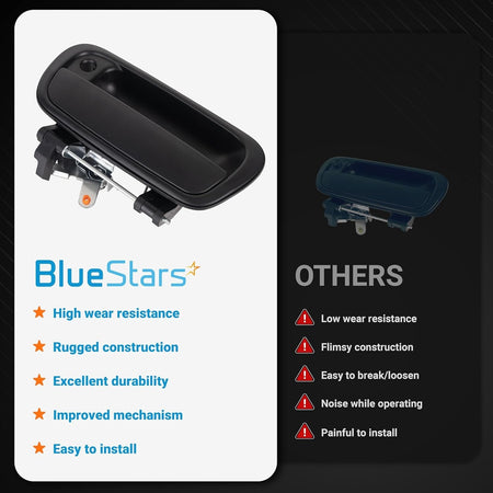 Comparison chart showing BlueStars 69090-0C010 tailgate handle for Toyota with improved construction and mechanism.