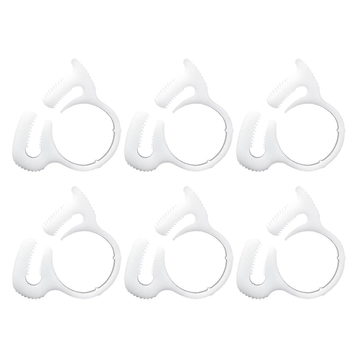 Set of six white B15 sweep hose attachment clamps for pool cleaner hoses.