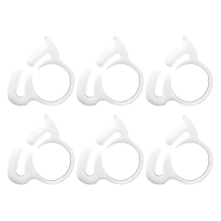 Set of six white B15 sweep hose attachment clamps for pool cleaner hoses.