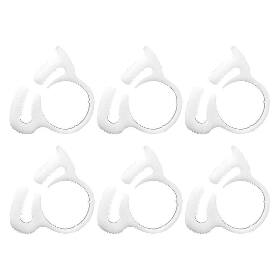 Set of six white B15 sweep hose attachment clamps for pool cleaner hoses.