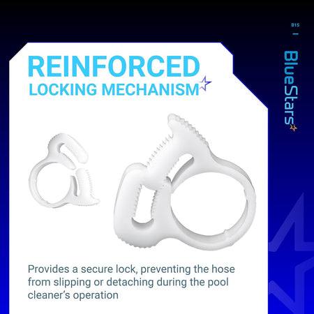 Two white B15 sweep hose attachment clamps with reinforced locking mechanisms for pool cleaner hoses.