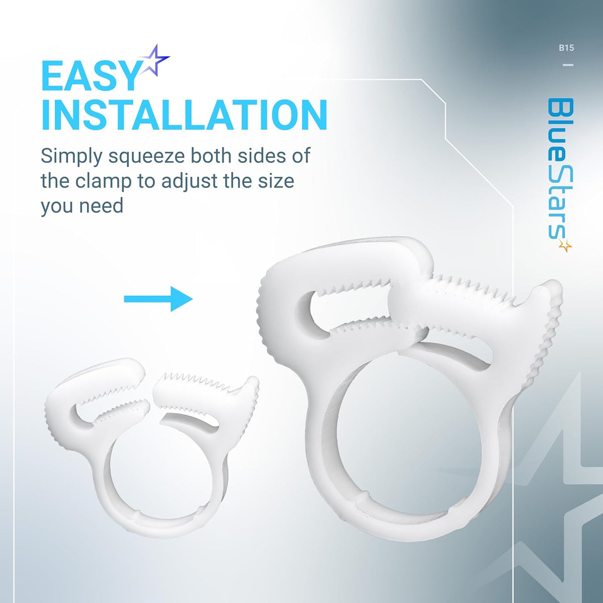 B15 sweep hose attachment clamp showing adjustable size installation mechanism.