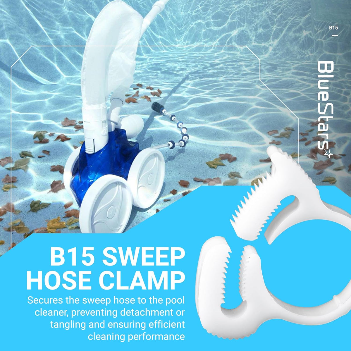 White B15 sweep hose attachment clamp for pool cleaners shown in a promotional graphic.