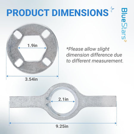 Dimension diagram showing the TB123A washing machine spanner wrench and nut with measurements in inches.
