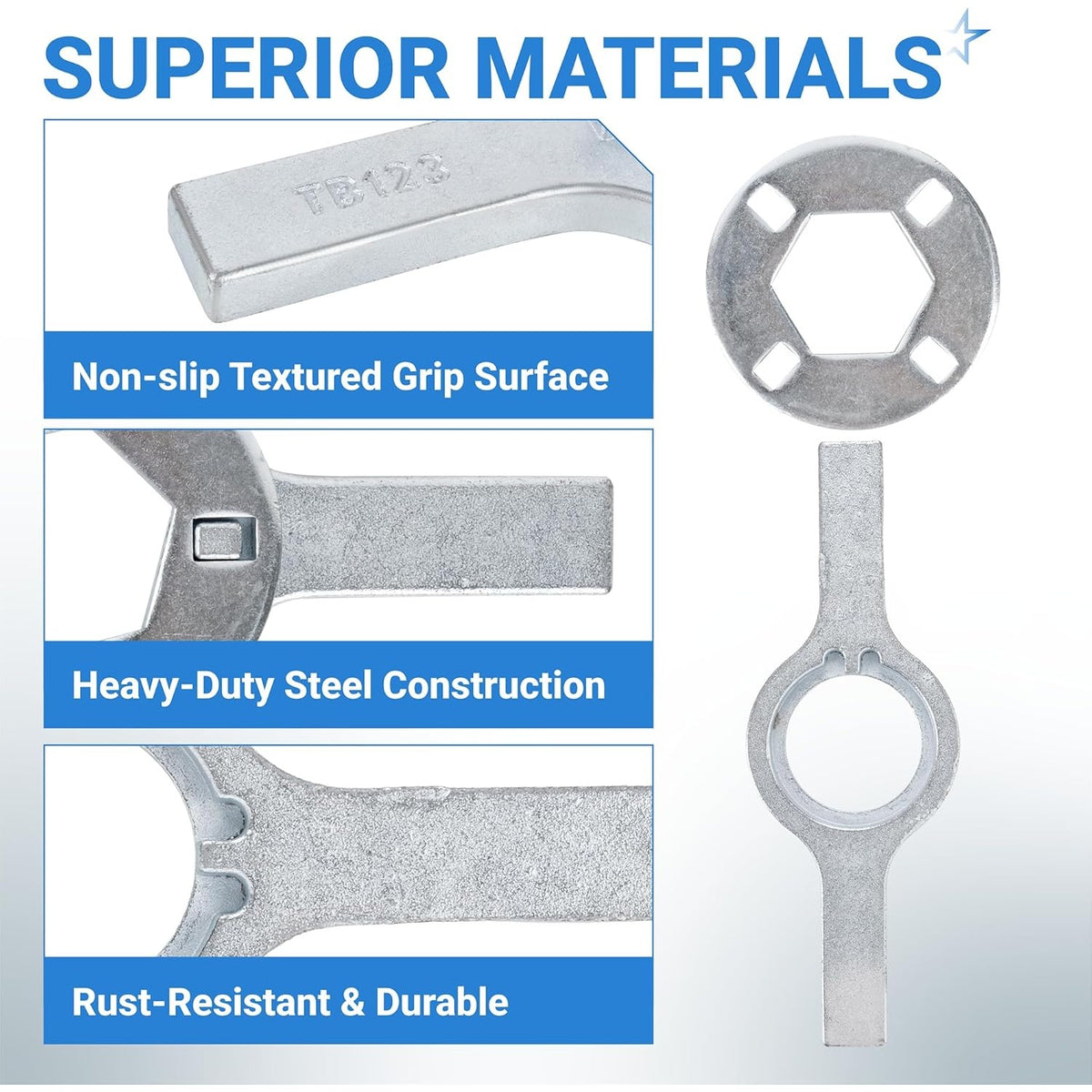 TB123A washing machine spanner wrench showing steel construction, textured grip, and durable design features.