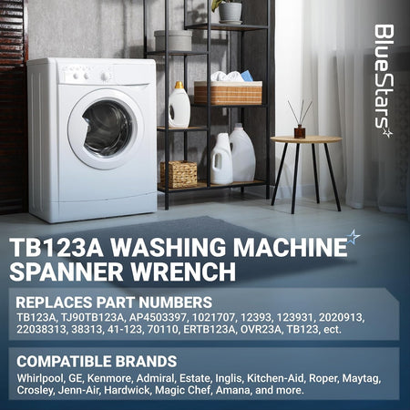 TB123A washing machine spanner wrench replacement information graphic for Whirlpool, GE, and Kenmore washers.