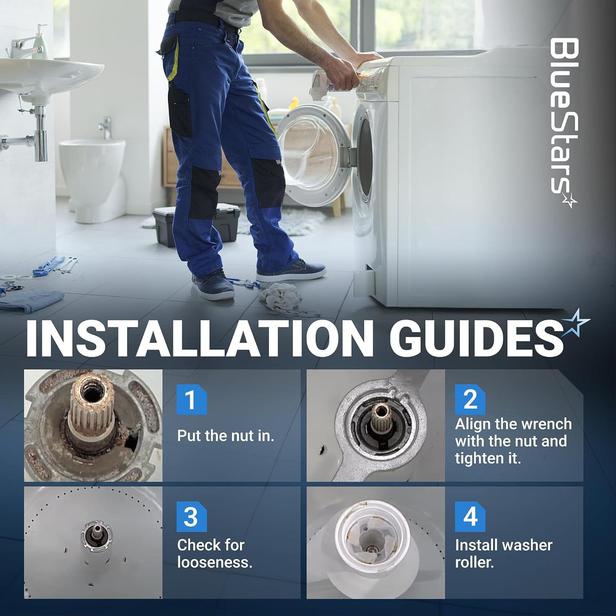 Installation guide infographic for TB123A washing machine spanner wrench showing step-by-step repair process.