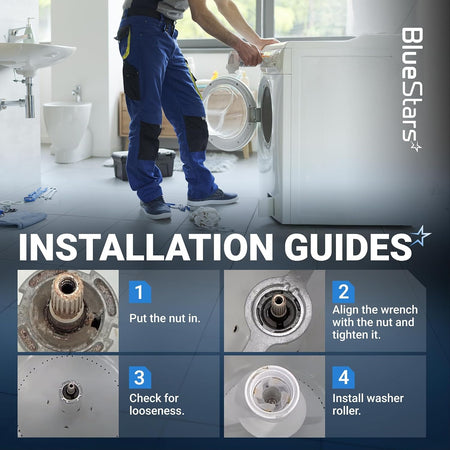 Installation guide infographic for TB123A washing machine spanner wrench showing step-by-step repair process.