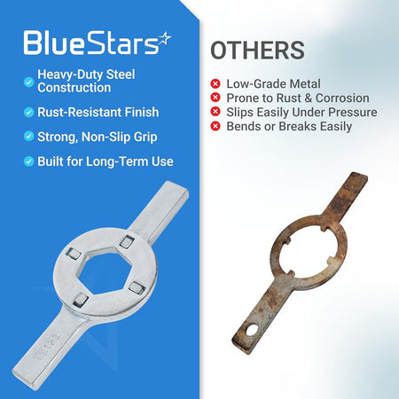 Comparison chart showing BlueStars TB123A washing machine spanner wrench versus a rusted, low-quality alternative.