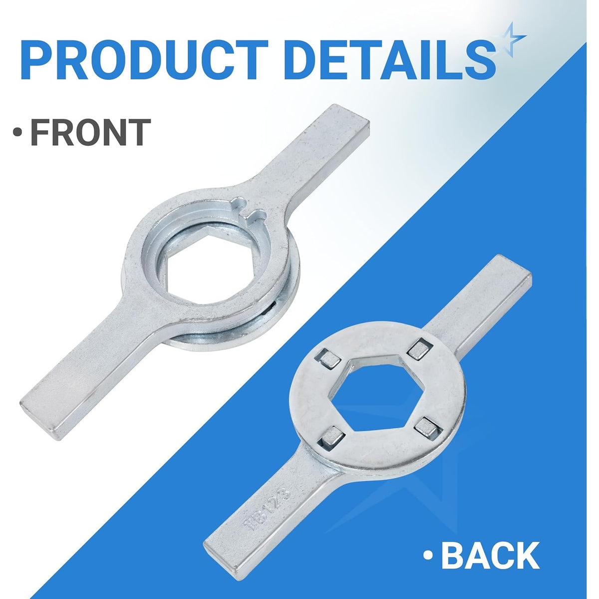 Front and back view of TB123A washing machine spanner wrench replacement tool for Maytag, GE, and Whirlpool washers.
