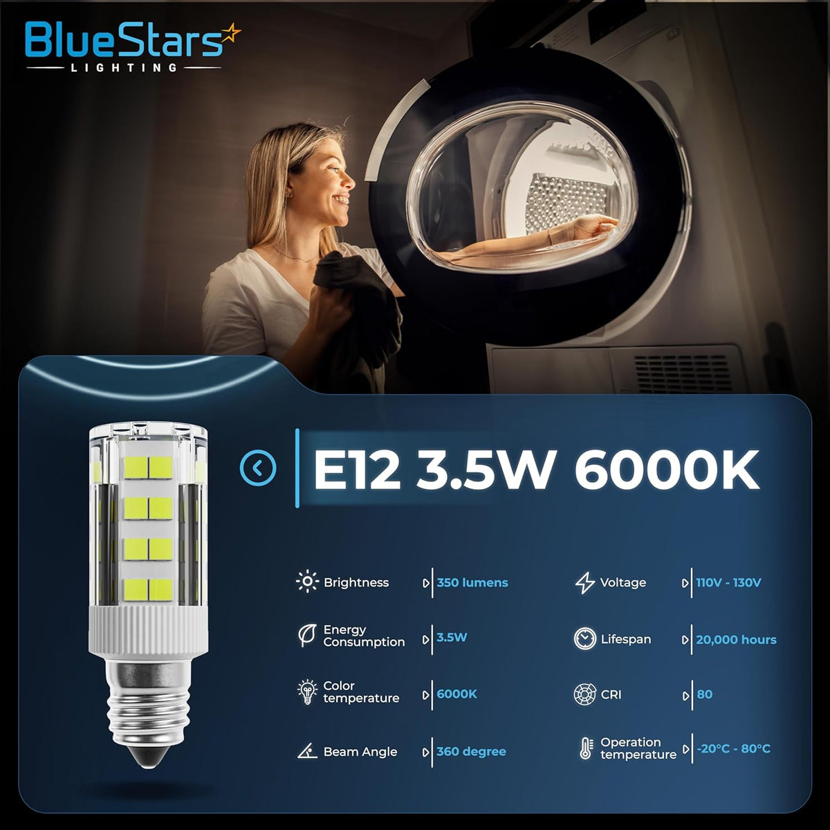 WE05X20431 LED dryer drum light bulb with E12 base and technical specifications infographic.