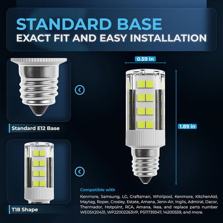 Infographic showing dimensions and E12 base details for WE05X20431 LED dryer drum light bulb.