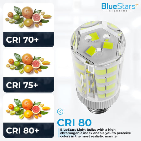 Close-up of WE05X20431 LED dryer drum light bulb showing high CRI 80 color rendering performance comparison.